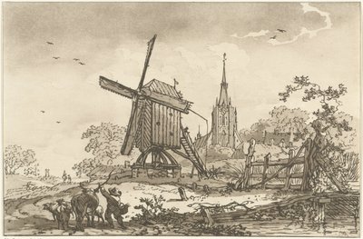 Landschaft mit einer Windmühle und einer Kirche von Hendrik Meijer