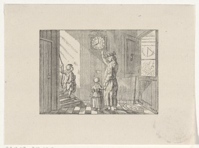 Mann unterrichtet einen Jungen und ein Mädchen im Uhrlesen an einer Standuhr von Hendrik Numan