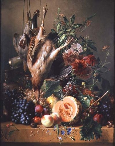 Rebhühner, Trauben, Pflaumen, Pfirsiche, eine Melone und Chrysanthemen auf einem Sims von Hendrik Reekers