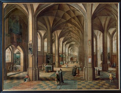 Innenraum einer Kirche, Küster zeigt Besuchern den Altar von Hendrik van Steenwyck