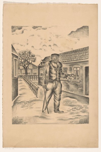 Mann mit Holzbein und Stock in einer Dorfstraße von Henk Henriët