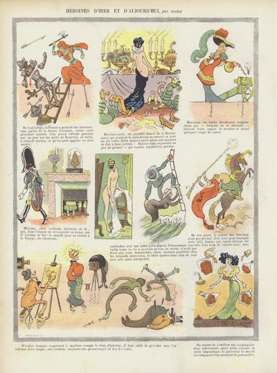 Heldinnen der Vergangenheit und Gegenwart. Illustration für Le Rire von Henri Avelot