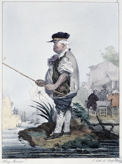 Mann beim Angeln: „Jeder nimmt sein Vergnügen, wo er es findet“ - in „Les pastemps“ von Henri Monnier, ed. Delpech, Paris von Henri Bonaventure Monnier