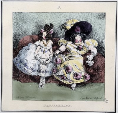 Hässliche Frauen machen „Tapisserie“ im Wohnzimmer - in „Parisiennes“ von Henri Monnier, ed. Delpech, Paris von Henri Bonaventure Monnier