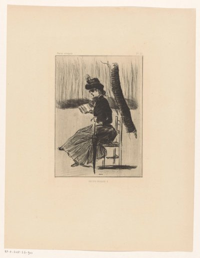 Frau mit einem Buch und einem Regenschirm auf einem Stuhl draußen (Petits Croquis 5) von Henri Boutet