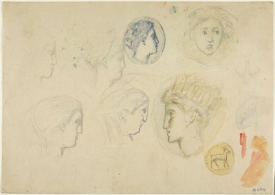 Skizzen: Profilköpfe, Münzen oder Medaillen (recto); Bäume (verso) von Henri Cros