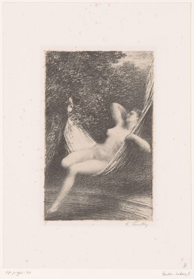 Sara schaukelt nackt in einer Hängematte über dem Wasser von Ignace Henri Jean Fantin Latour