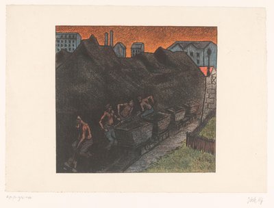 Vier Bergleute schaufeln Kohle in Karren (Les Programmes du Théâtre Libre) von Henri Gabriel Ibels