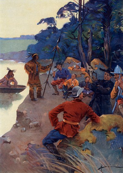Die ersten europäischen Siedler am Ufer des Sankt-Lorenz-Stroms, heutiges Quebec, 16.-17. Jahrhundert von Henri Gaston Darien
