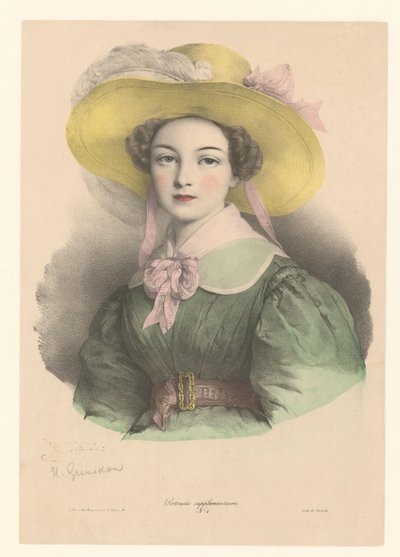Porträt einer jungen Frau mit Hut mit Feder und Schleife (Portretten) von Henri Grevedon