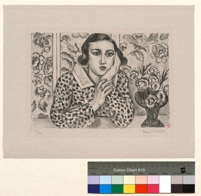 Junges Mädchen, das sich auf einen Paravent stützt: junges Mädchen mit einem Blumenstrauß von Henri Matisse
