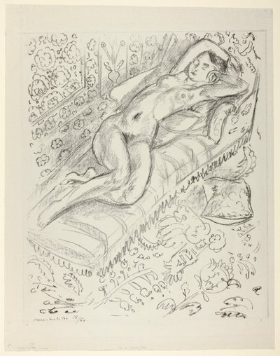 Ruhender Akt auf einer Chaiselongue vor einem Maschrabiyya-Hintergrund von Henri Matisse