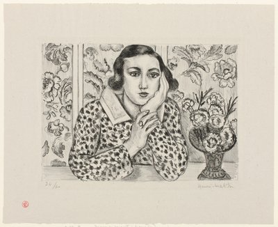 Junges Mädchen, das sich an einen blumigen Schirm lehnt von Henri Matisse