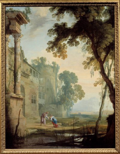 Landschaft besteht aus: eine Frau, ein alter Mann und ein Kind in einer Landschaft mit römischen Ruinen und Teich von Henri Mauperche