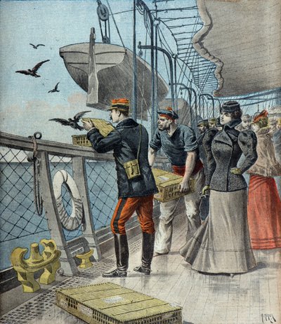 Kapitän Reynaud experimentiert mit Brieftauben an Bord des Liners La Bretagne von Henri Meyer