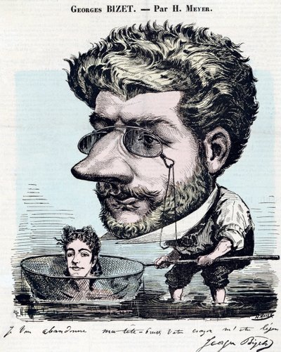 Georges Bizet (1838-1875), französischer Komponist - Karikatur mit Autogramm von Bizet, von Henri Meyer genannt Reyem (1844-1899) für „Diogene“ von Henri Meyer