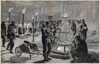 Das Nachtasyl des Palais des Arts Libéraux auf dem Marsfeld im Jahr 1891 - Zeichnung von Henri Meyer, Gravur von Navellier in „Le journal illustrious“ von 1891 von Henri Meyer