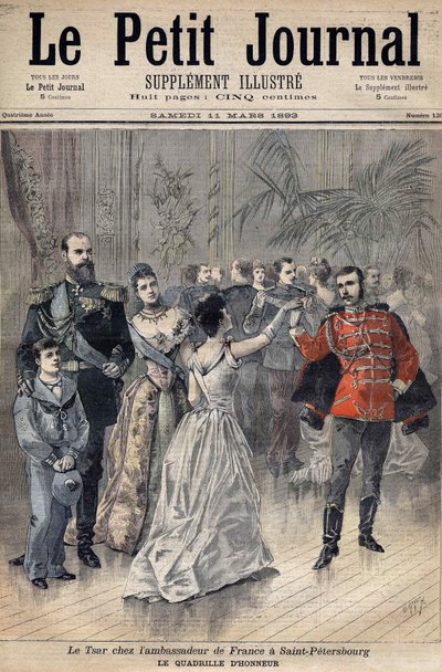 Zar Alexander III. beim Botschafter Frankreichs, Graf von Montebello, in St. Petersburg 1893. Ehrenraster. Titelblatt von Le Petit Journal 1893 (Gravur) von Henri Meyer