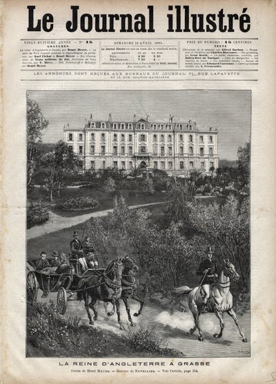 Victoria, die Königin von England, in Frankreich im April 1891: Ein Spaziergang in Grasse - Königin Victoria in Grasse in Frankreich im April 1891 - Titelblatt von „The Illustrous Journal“ von 1891 - Zeichnung von Henri Meyer (1844-1899) von Henri Meyer