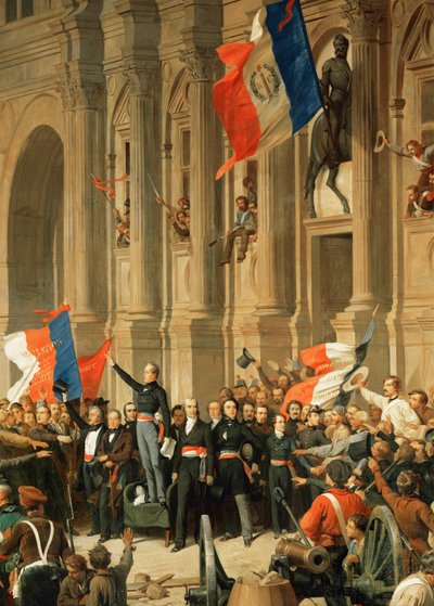 Revolution von 1848: Der Dichter Alphonse de Lamartine lehnt die rote Fahne der extremen Linken ab von Henri Philippoteaux