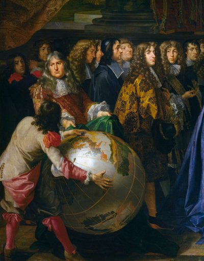 Terrestrischer Globus, Detail von Jean-Baptiste Colbert, der Mitglieder der Königlichen Akademie der Wissenschaften Ludwig XIV. im Jahr 1667 vorstellt von Henri Testelin