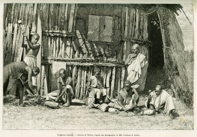 Abessinische Schmiede. Gravur von Thiriat, nach einer Fotografie, zur Illustration der Geschichte „Reise nach Choa (Südliches Abessinien)“ von Henri Thiriat