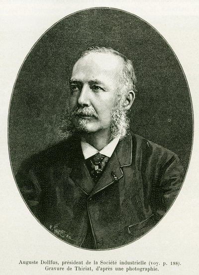 Auguste Dollfus, Präsident der Industriellen Gesellschaft Dollfus-Mieg. Gravur von Thiriat zur Illustration der Geschichte „Durch Elsass und Lothringen“, von Charles Grad, deutscher Abgeordneter, 1885, in Le Tour du monde 1886, unter der Leitung von Edouar von Henri Thiriat