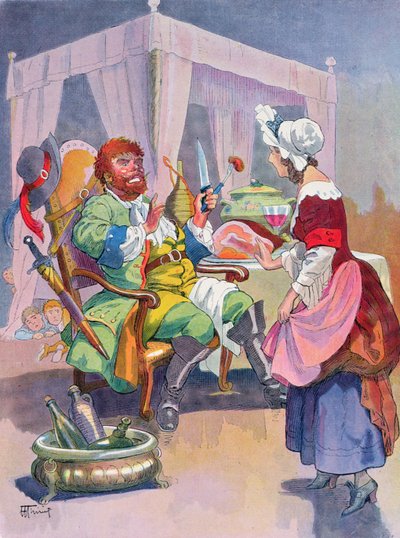 Der Menschenfresser riecht frisches Menschenfleisch, Illustration zu einem Märchen von Perrault 