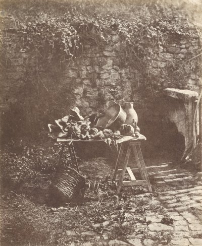 Stillleben: Kessel, Krug und Gemüse auf einem Tisch mit Böcken von Henri Victor Regnault