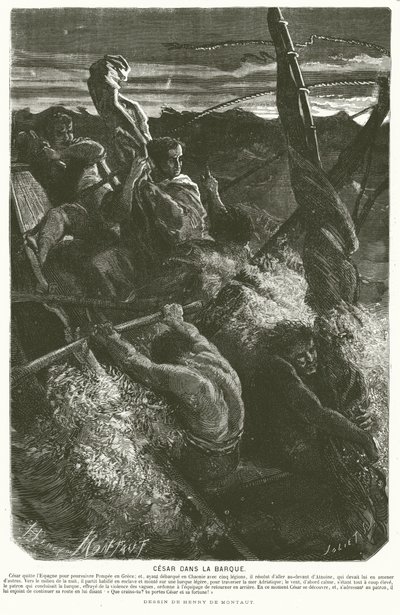 Julius Caesar, verkleidet als Sklave, enthüllt seine Identität der Besatzung eines Bootes, das während der Überquerung der Adria in einen Sturm geriet, 48 v. Chr. von Henri de (after) Montaut
