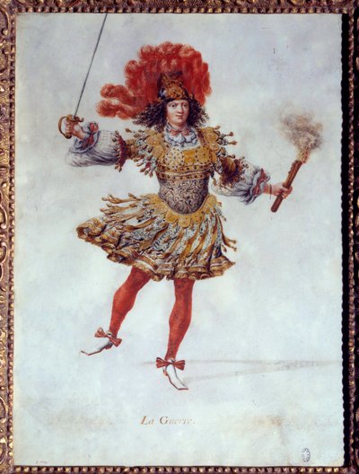 Kostüm für den Krieg, hält in einer Hand eine Fackel und in der anderen ein Schwert im Ballett Les noces de Pelee et Thetis von Henri de Gissey
