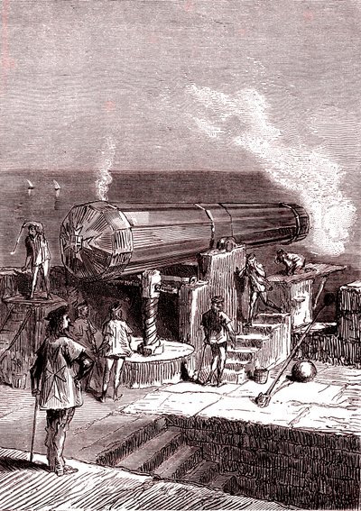 Die Riesengeschützkanone auf der Insel Malta, Kunstwerk, "Von der Erde zum Mond" von Jules Verne von Henri de Montaut
