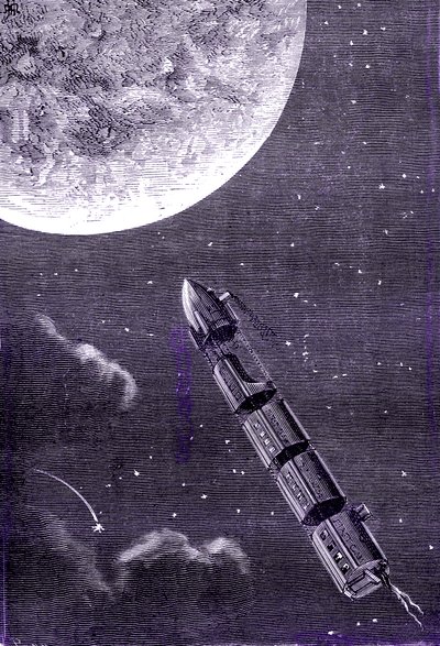 Zug von Kugeln (oder Projektilen), die von einer Riesengeschützkanone zum Mond abgefeuert wurden, "Von der Erde zum Mond" von Jules Verne von Henri de Montaut
