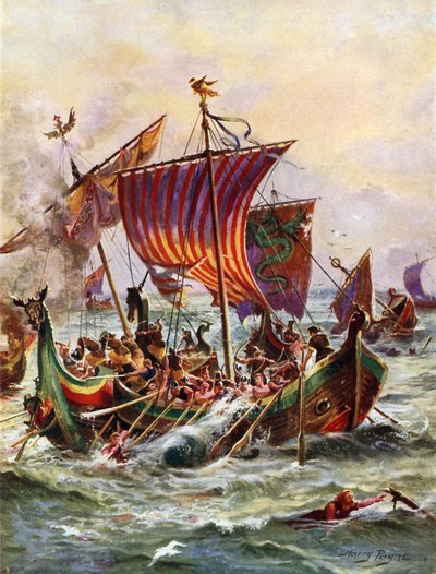König Alfreds Galeeren greifen die Wikingerdrachenschiffe an, 897 von Henry Payne