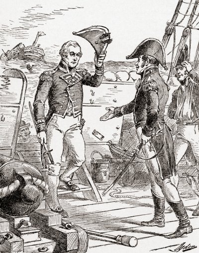Kapitän Dacres von der HMS Guerriere kapituliert und bietet Kapitän Hull an Bord der USS Constitution nach seiner Niederlage während des Krieges von 1812 sein Schwert an, aus Die Geschichte unseres Landes, veröffentlicht 1905 von Henry Alexander Ogden