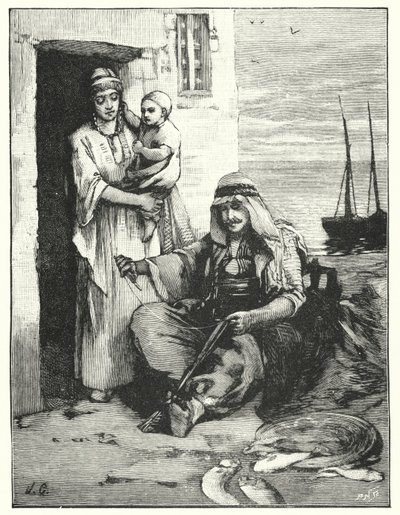 Ein Fischer, der seine Netze repariert, See von Tiberias (Lithografie) von Henry Andrew Harper