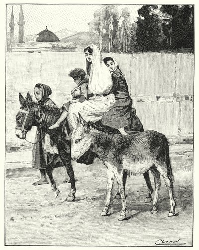 Mehrere Personen reiten auf einem Esel (Lithografie) von Henry Andrew Harper