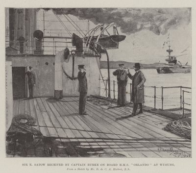 Sir E. Satow wird von Kapitän Burke an Bord der HMS Orlando in Wusung empfangen von Henry Charles Seppings Wright