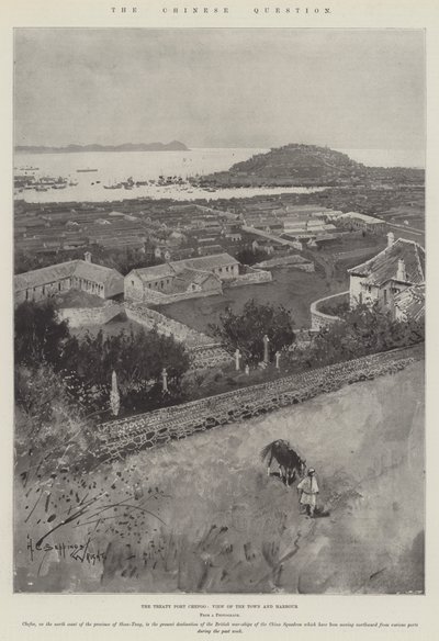 Die chinesische Frage, der Vertragshafen Chefoo, Ansicht der Stadt und des Hafens von Henry Charles Seppings Wright