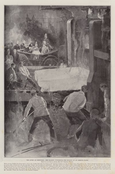 Die Königin in Sheffield, Ihre Majestät beobachtet das Walzen einer Panzerplatte von Henry Charles Seppings Wright