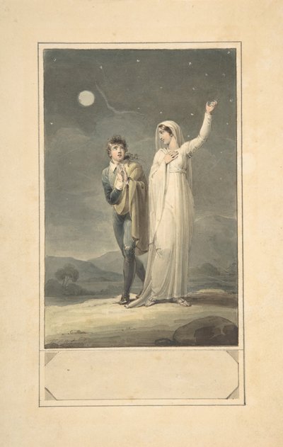 Nächtliche Landschaft mit zwei Figuren, Entwurf für eine Buchillustration, 1807-44 von Henry Corbould