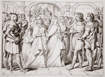 Alftruda erkennt Hereward, Illustration aus Hereward the Great von Charles Kingsley, veröffentlicht 1870, graviert von C.G. Lewis von Henry Courtney Selous