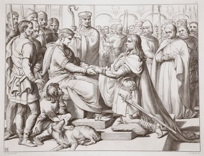 Wie Hereward zum König kam, Illustration aus Hereward the Great von Charles Kingsley, veröffentlicht 1870, graviert von C.G. Lewis (Stahlstich) von Henry Courtney Selous