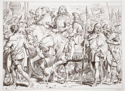 Wie Hereward die geweihte Festung von St. Bertin betritt, Illustration aus Hereward the Great von Charles Kingsley, veröffentlicht 1870, graviert von C.G. Lewis von Henry Courtney Selous