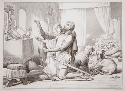 Wie Torfrida Hereward das Beten lehrt, Illustration aus Hereward the Great von Charles Kingsley, graviert von C.G. Lewis von Henry Courtney Selous