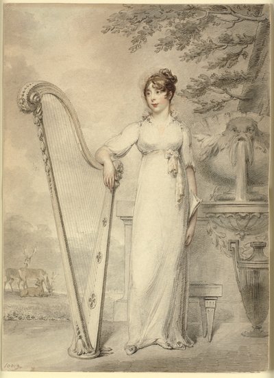Ganzkörperporträt von Miss V. Dupuis, die ihren Arm auf eine Harfe stützt. Im Hintergrund ein Brunnen und eine Landschaft mit Hirschen von Henry Edridge