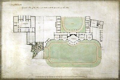 Brighthelmstone oder Brighton Pavilion - Gesamtplan des Hauses und der Ställe mit Grundstücken, Erweiterung durch Architekt Henry Holland (1745-1806), ca. 1801 von Henry Holland
