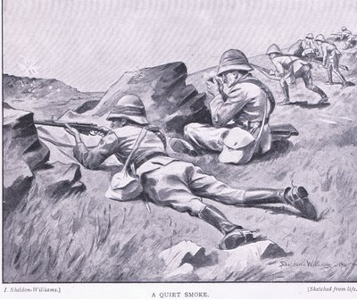 Eine ruhige Zigarette, aus Nach Pretoria: Der Guerillakrieg, veröffentlicht von Harmsworth Bros Limited von Henry Inglis Jodrel Sheldon Williams