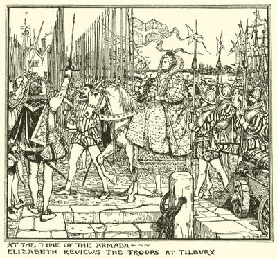 Zur Zeit der Armada. Elizabeth inspiziert die Truppen in Tilbury von Henry Justice Ford