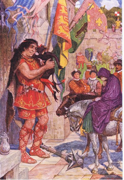 Flibbertibbet als Teufel verkleidet beruhigt den Riesen, als Wayland Amy zur Burg Kenilworth bringt, Illustration aus Kenilworth, ca. 1910 von Henry Justice Ford